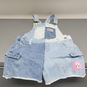 Sz L JUSTICE LOONEY TOONS Cartoon Girls Overalls Shorts Denim Button